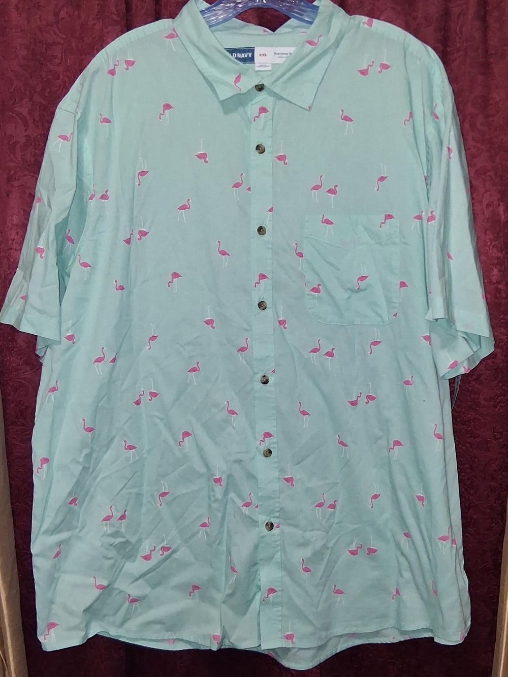 Old Navy Mint Green Short-Sleeve Button-Up Shirt with Pink Flamingo Print NWT